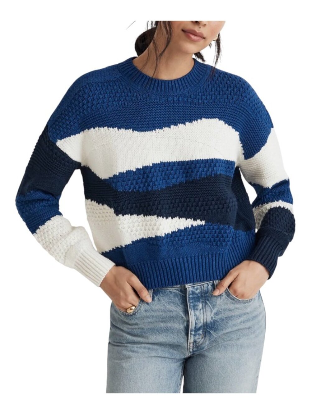 Madewell XL Chunky Knit Colorblock Sweater Blue Navy White Cotton Blend